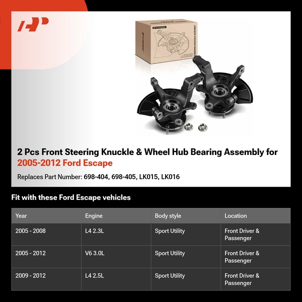 2 Pcs Front Steering Knuckle & Wheel Hub Bearing Assembly for 2005-2012 Ford Escape