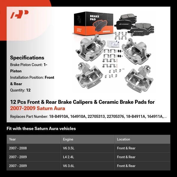 12 Pcs Front & Rear Brake Calipers & Ceramic Brake Pads for 2007-2009 Saturn Aura
