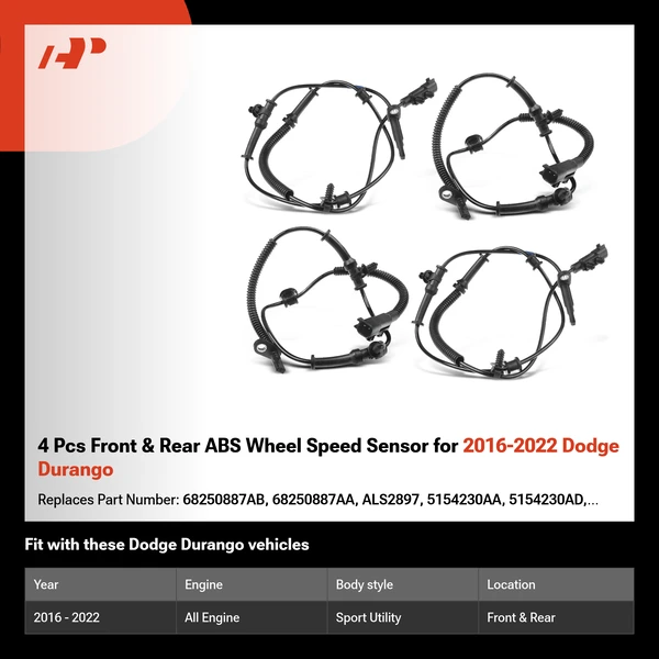 4 Pcs Front & Rear ABS Wheel Speed Sensor for 2016-2022 Dodge Durango