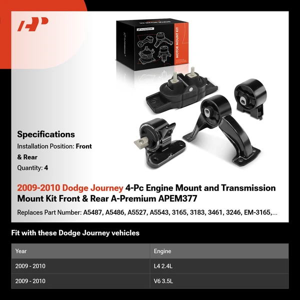 2009-2010 Dodge Journey 4-Pc Engine Mount and Transmission Mount Kit Front & Rear A-Premium APEM377