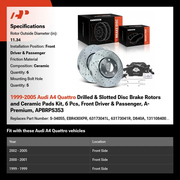 1999-2005 Audi A4 Quattro Drilled & Slotted Disc Brake Rotors and Ceramic Pads Kit, 6 Pcs, Front Driver & Passenger, A-Premium, APBRPS353