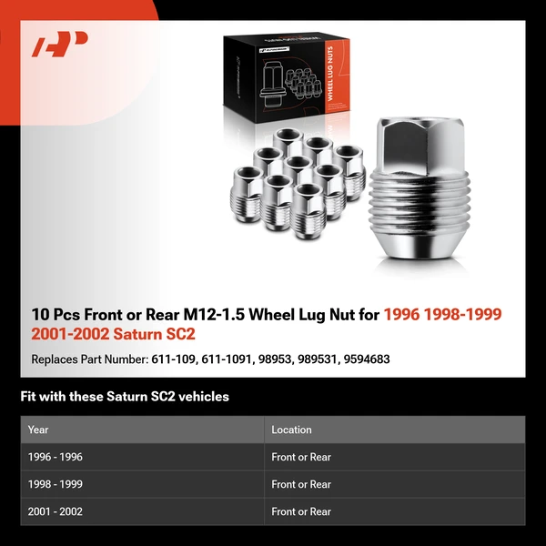 10 Pcs Front or Rear M12-1.5 Wheel Lug Nut for 1996 1998-1999 2001-2002 Saturn SC2