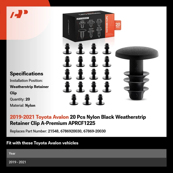 2019-2021 Toyota Avalon 20 Pcs Nylon Black Weatherstrip Retainer Clip A-Premium APRCF1225