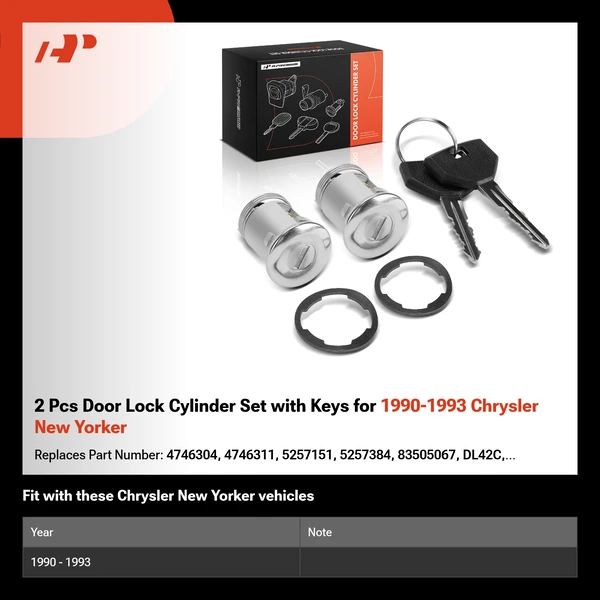 2 Pcs Door Lock Cylinder Set with Keys for 1990-1993 Chrysler New Yorker
