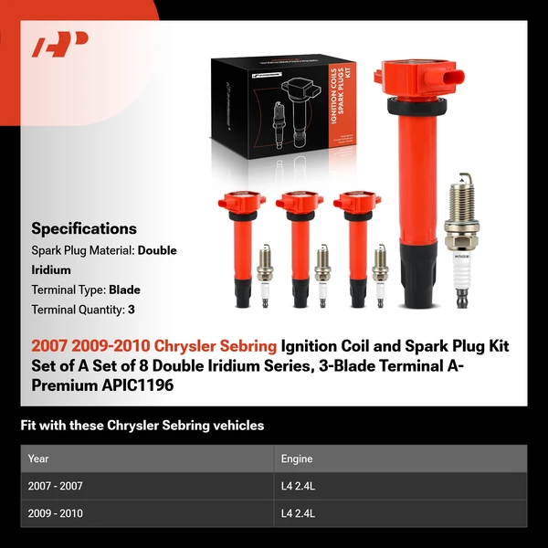 2007 2009-2010 Chrysler Sebring Ignition Coil and Spark Plug Kit Set of A Set of 8 Double Iridium Series, 3-Blade Terminal A-Premium APIC1196