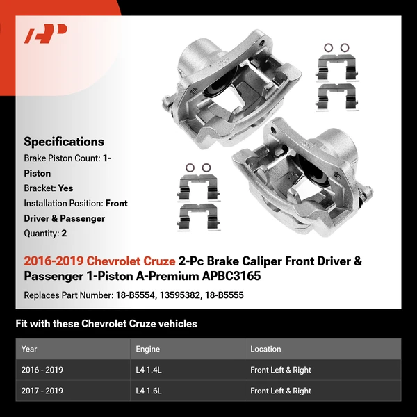 2016-2019 Chevrolet Cruze 2-Pc Brake Caliper Front Driver & Passenger 1-Piston A-Premium APBC3165