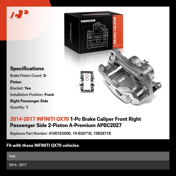 2014-2017 INFINITI QX70 1-Pc Brake Caliper Front Right Passenger Side 2-Piston A-Premium APBC2027