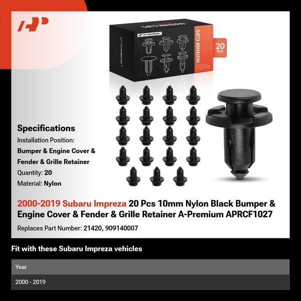 2000-2019 Subaru Impreza 20 Pcs 10mm Nylon Black Bumper & Engine Cover & Fender & Grille Retainer A-Premium APRCF1027