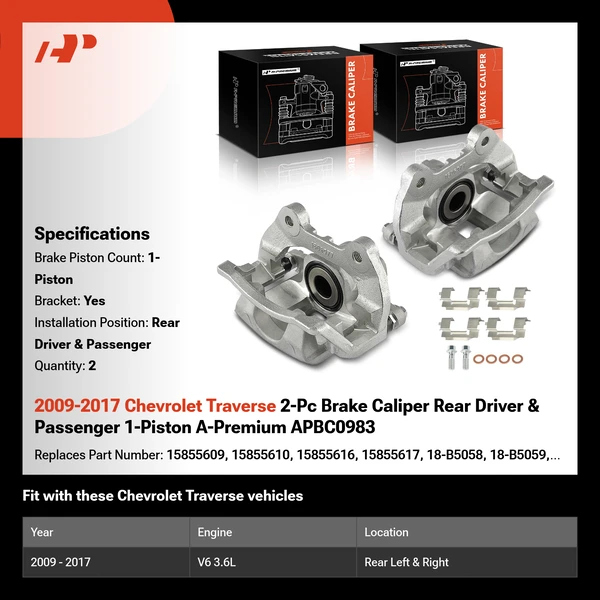 2009-2017 Chevrolet Traverse 2-Pc Brake Caliper Rear Driver & Passenger 1-Piston A-Premium APBC0983