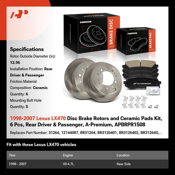 1998-2007 Lexus LX470 Disc Brake Rotors and Ceramic Pads Kit, 6 Pcs, Rear Driver & Passenger, A-Premium, APBRPR1508