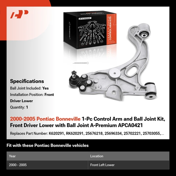 2000-2005 Pontiac Bonneville 1-Pc Control Arm and Ball Joint Kit, Front Driver Lower with Ball Joint A-Premium APCA0421