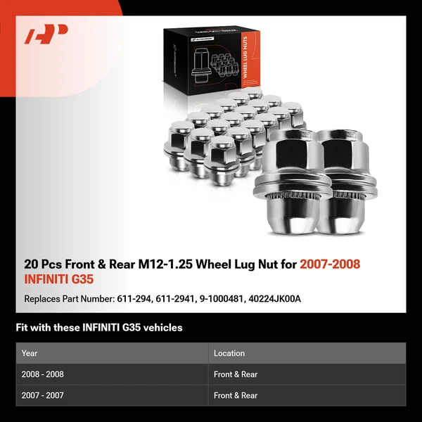 20 Pcs Front & Rear M12-1.25 Wheel Lug Nut for 2007-2008 INFINITI G35