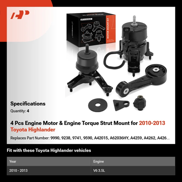4 Pcs Engine Motor & Engine Torque Strut Mount for 2010-2013 Toyota Highlander