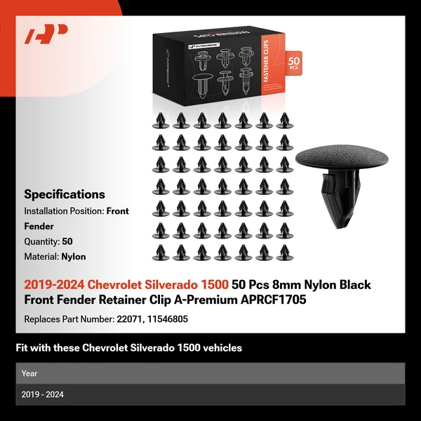 2019-2024 Chevrolet Silverado 1500 50 Pcs 8mm Nylon Black Front Fender Retainer Clip A-Premium APRCF1705