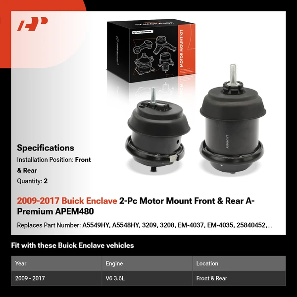 2009-2017 Buick Enclave 2-Pc Motor Mount Front & Rear A-Premium APEM480