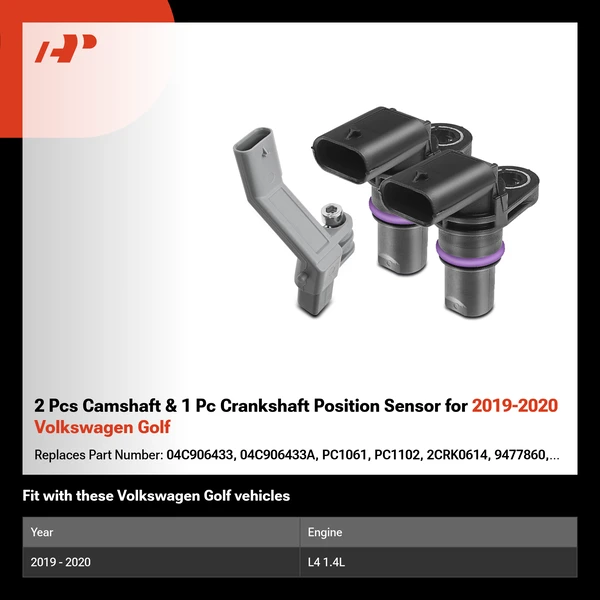 2 Pcs Camshaft & 1 Pc Crankshaft Position Sensor for 2019-2020 Volkswagen Golf