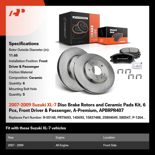 2007-2009 Suzuki XL-7 Disc Brake Rotors and Ceramic Pads Kit, 6 Pcs, Front Driver & Passenger, A-Premium, APBRPR407