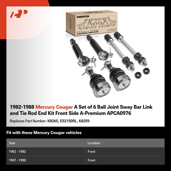 1982-1988 Mercury Cougar A Set of 6 Ball Joint Sway Bar Link and Tie Rod End Kit Front Side A-Premium APCA0976