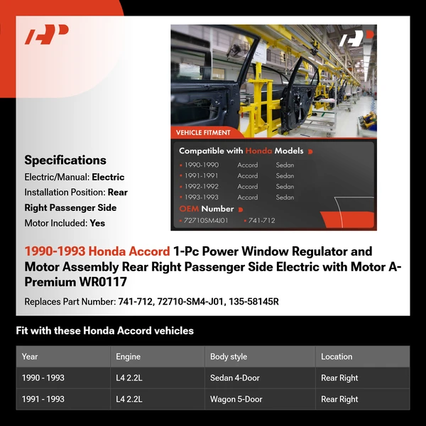 1990-1993 Honda Accord 1-Pc Power Window Regulator and Motor Assembly Rear Right Passenger Side Electric with Motor A-Premium WR0117