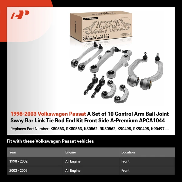 1998-2003 Volkswagen Passat A Set of 10 Control Arm Ball Joint Sway Bar Link Tie Rod End Kit Front Side A-Premium APCA1044