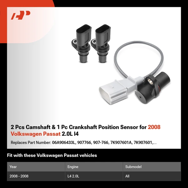 2 Pcs Camshaft & 1 Pc Crankshaft Position Sensor for 2008 Volkswagen Passat 2.0L l4