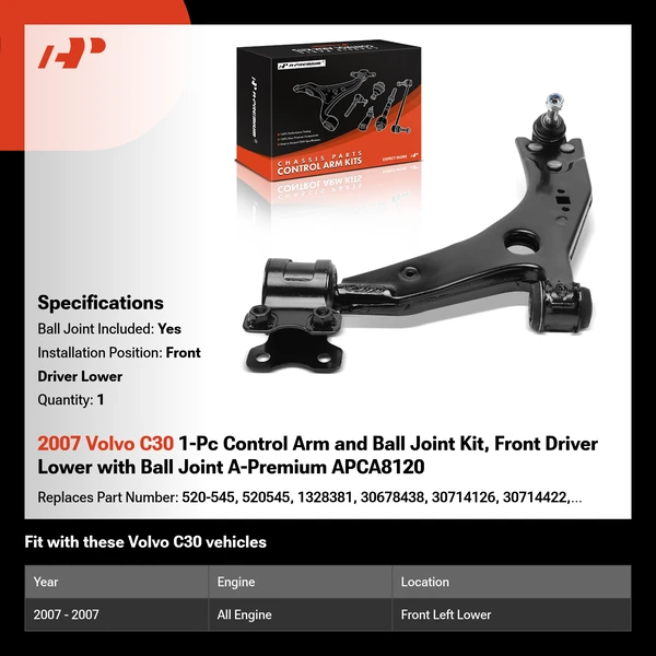 2007 Volvo C30 1-Pc Control Arm and Ball Joint Kit, Front Driver Lower with Ball Joint A-Premium APCA8120