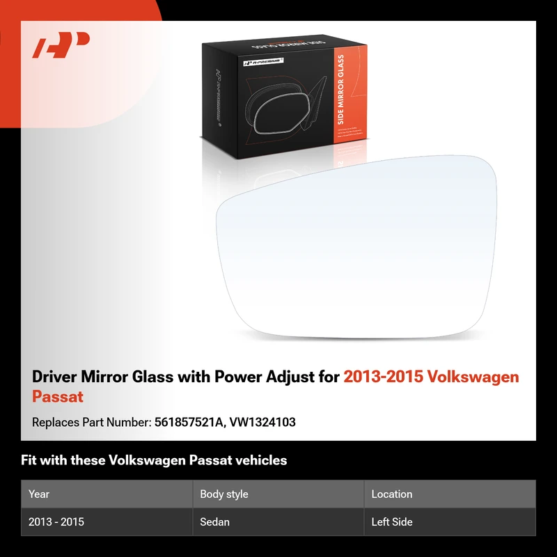 Driver Mirror Glass with Power Adjust for 2013-2015 Volkswagen Passat