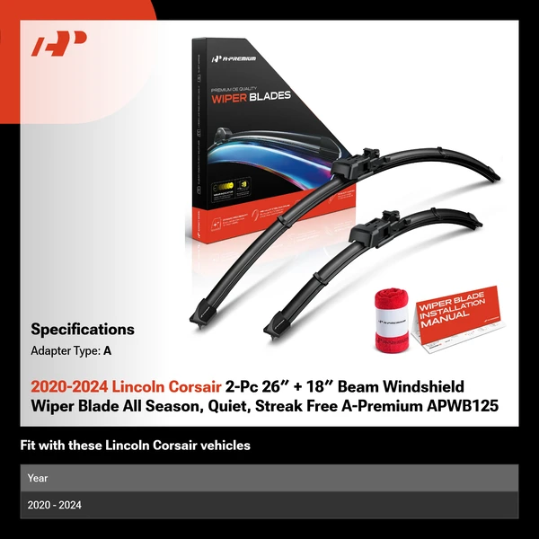 2020-2024 Lincoln Corsair 2-Pc 26″ + 18″ Beam Windshield Wiper Blade All Season, Quiet, Streak Free A-Premium APWB125