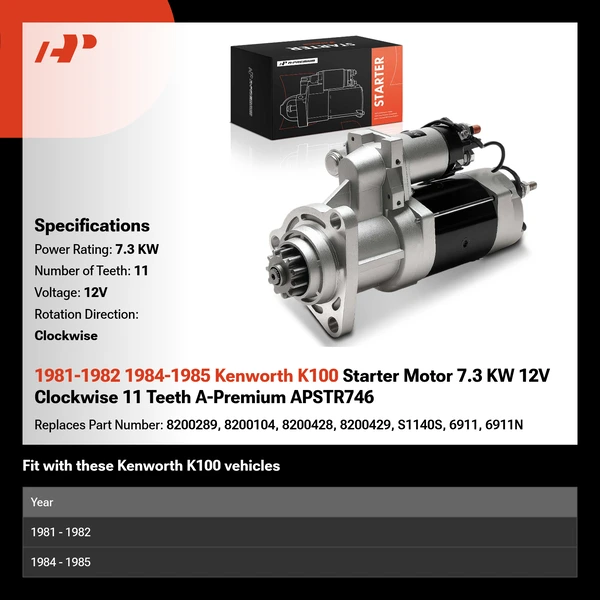 1981-1982 1984-1985 Kenworth K100 Starter Motor 7.3 KW 12V Clockwise 11 Teeth A-Premium APSTR746