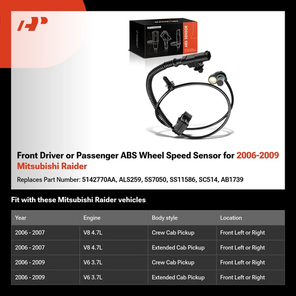 Front Driver or Passenger ABS Wheel Speed Sensor for 2006-2009 Mitsubishi Raider
