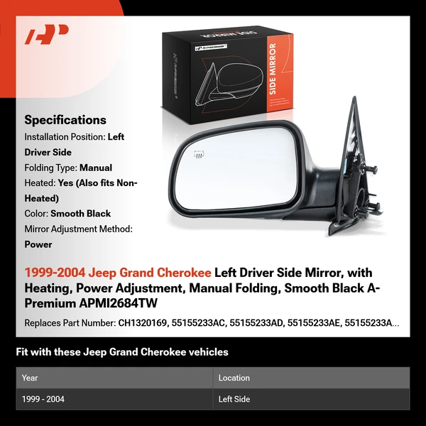 1999-2004 Jeep Grand Cherokee Left Driver Side Mirror, with Heating, Power Adjustment, Manual Folding, Smooth Black A-Premium APMI2684TW
