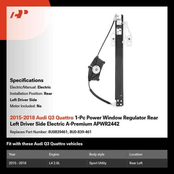 2015-2018 Audi Q3 Quattro 1-Pc Power Window Regulator Rear Left Driver Side Electric A-Premium APWR2442
