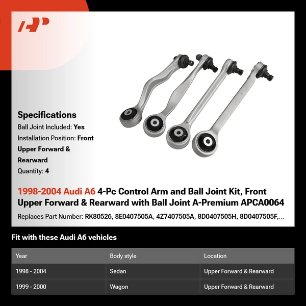 1998-2004 Audi A6 4-Pc Control Arm and Ball Joint Kit, Front Upper Forward & Rearward with Ball Joint A-Premium APCA0064