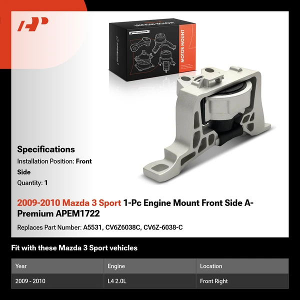 2009-2010 Mazda 3 Sport 1-Pc Engine Mount Front Side A-Premium APEM1722