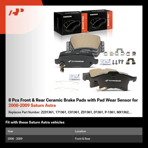 8 Pcs Front & Rear Ceramic Brake Pads with Pad Wear Sensor for 2008-2009 Saturn Astra