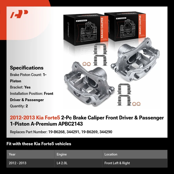 2012-2013 Kia Forte5 2-Pc Brake Caliper Front Driver & Passenger 1-Piston A-Premium APBC2143