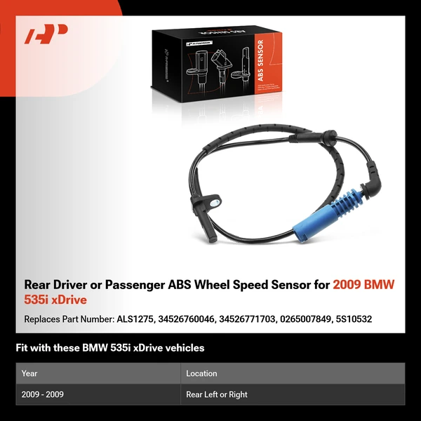 Rear Driver or Passenger ABS Wheel Speed Sensor for 2009 BMW 535i xDrive