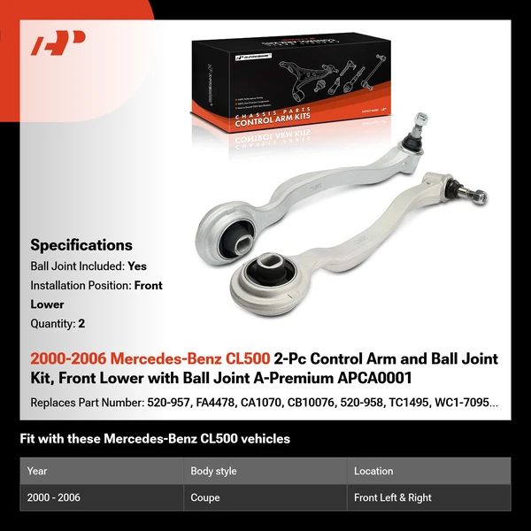 2000-2006 Mercedes-Benz CL500 2-Pc Control Arm and Ball Joint Kit, Front Lower with Ball Joint A-Premium APCA0001