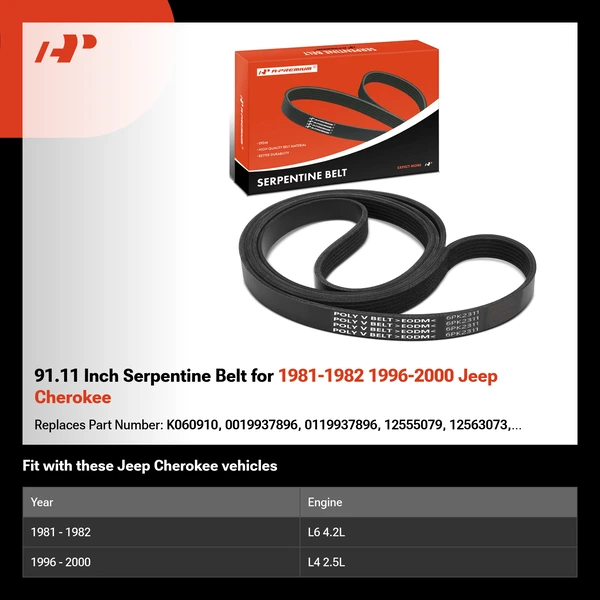 91.11 Inch Serpentine Belt for 1981-1982 1996-2000 Jeep Cherokee