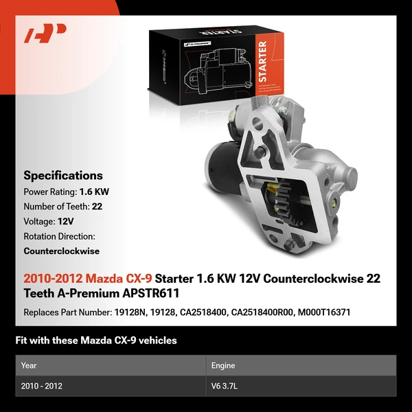 2010-2012 Mazda CX-9 Starter 1.6 KW 12V Counterclockwise 22 Teeth A-Premium APSTR611