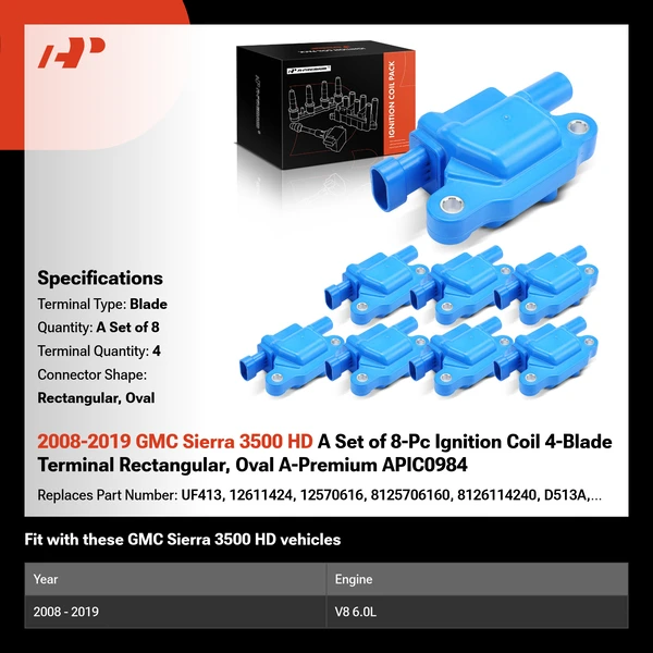 2008-2019 GMC Sierra 3500 HD A Set of 8-Pc Ignition Coil 4-Blade Terminal Rectangular, Oval A-Premium APIC0984
