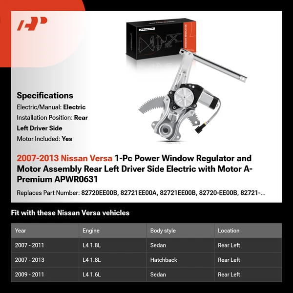 2007-2013 Nissan Versa 1-Pc Power Window Regulator and Motor Assembly Rear Left Driver Side Electric with Motor A-Premium APWR0631