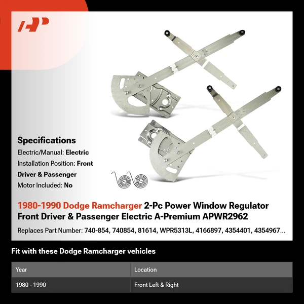 1980-1990 Dodge Ramcharger 2-Pc Power Window Regulator Front Driver & Passenger Electric A-Premium APWR2962