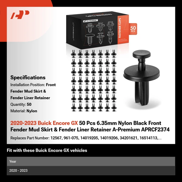 2020-2023 Buick Encore GX 50 Pcs 6.35mm Nylon Black Front Fender Mud Skirt & Fender Liner Retainer A-Premium APRCF2374