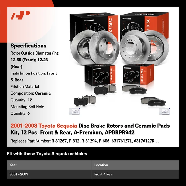 2001-2003 Toyota Sequoia Disc Brake Rotors and Ceramic Pads Kit, 12 Pcs, Front & Rear, A-Premium, APBRPR942