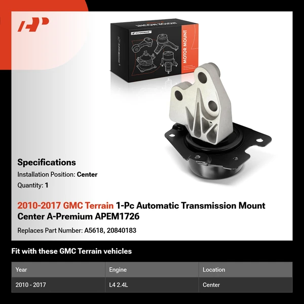 2010-2017 GMC Terrain 1-Pc Automatic Transmission Mount Center A-Premium APEM1726