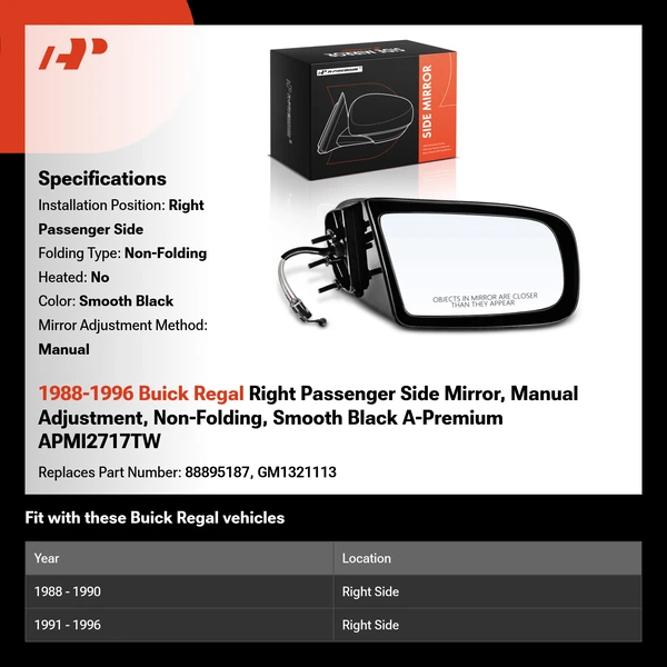 1988-1996 Buick Regal Right Passenger Side Mirror, Manual Adjustment, Non-Folding, Smooth Black A-Premium APMI2717TW