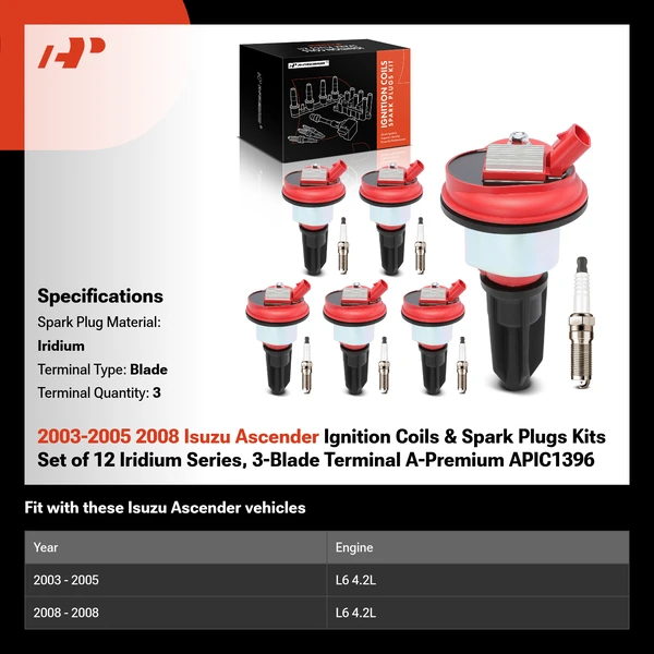2003-2005 2008 Isuzu Ascender Ignition Coils & Spark Plugs Kits Set of 12 Iridium Series, 3-Blade Terminal A-Premium APIC1396