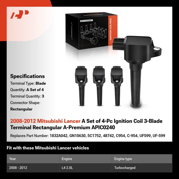 2008-2012 Mitsubishi Lancer A Set of 4-Pc Ignition Coil 3-Blade Terminal Rectangular A-Premium APIC0240