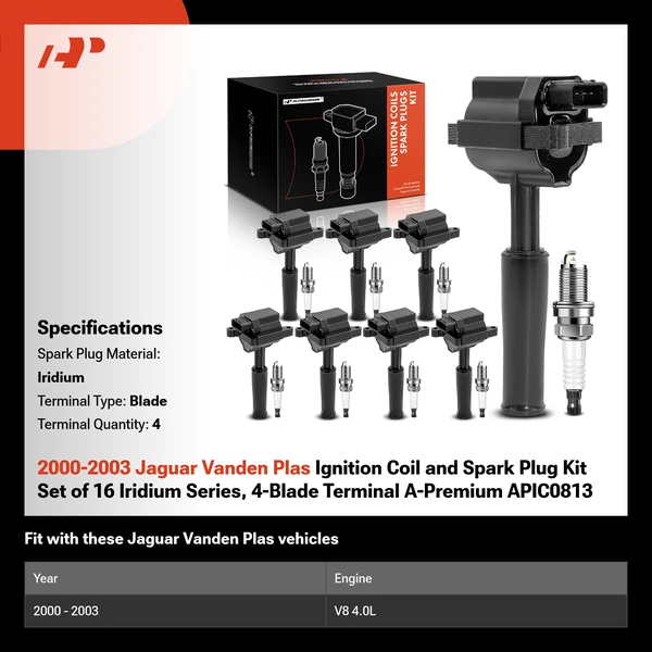2000-2003 Jaguar Vanden Plas Ignition Coil and Spark Plug Kit Set of 16 Iridium Series, 4-Blade Terminal A-Premium APIC0813